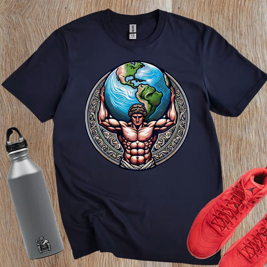 "Gym T-shirt featuring a strong figure holding the world, symbolizing strength and resilience, perfect for fitness enthusiasts."