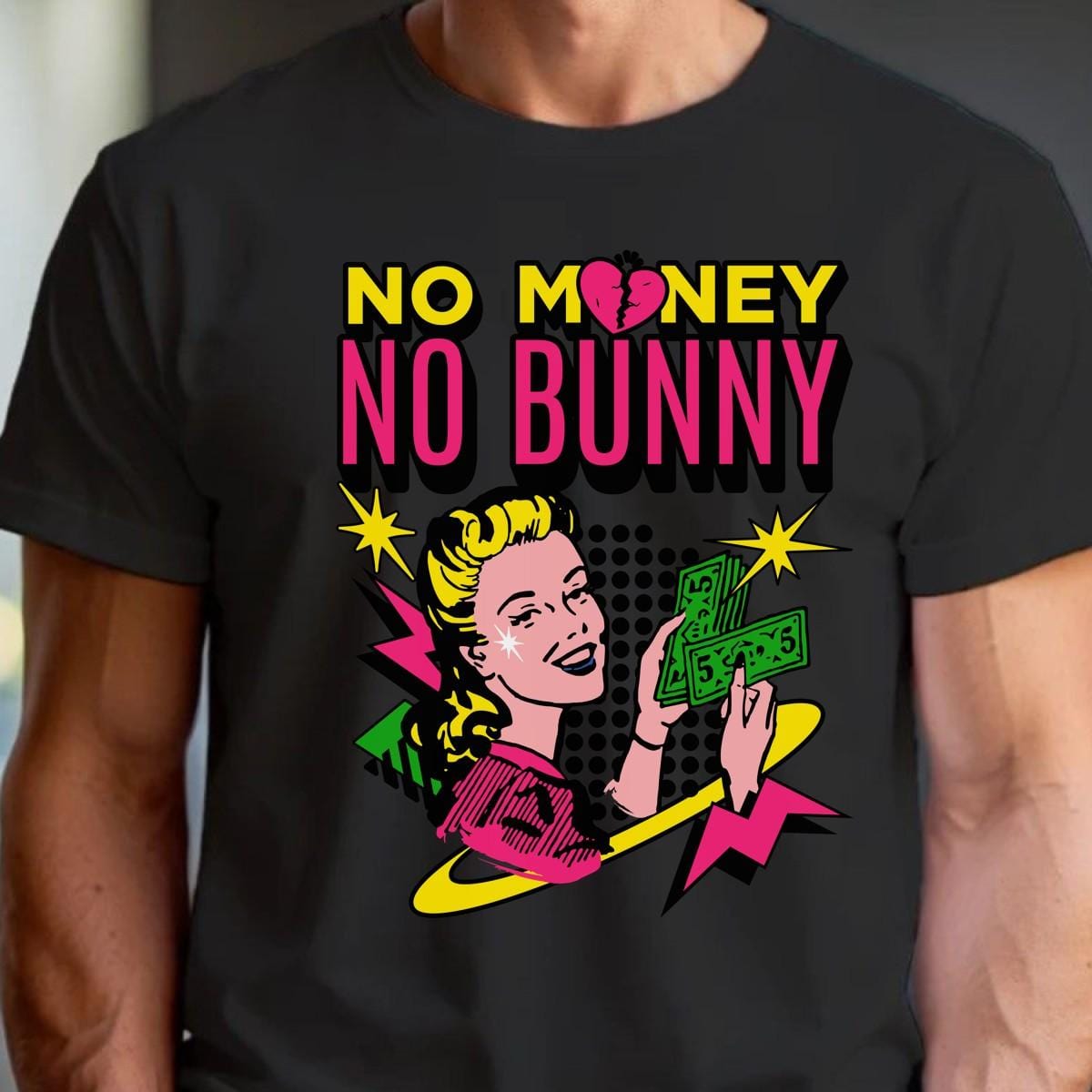 Alt text: "Vibrant gym T-shirt featuring bold 'No Money, No Bunny' design, perfect for workouts and inspiring confidence with unique style."