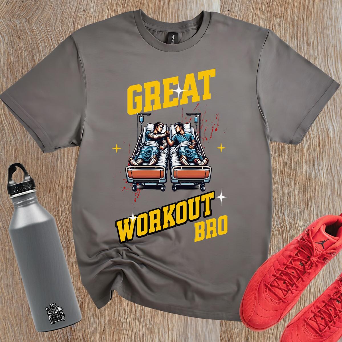 "Bold gym T-shirt featuring the slogan 'Great Workout Bro,' capturing fitness humor and motivation for workouts and training sessions."