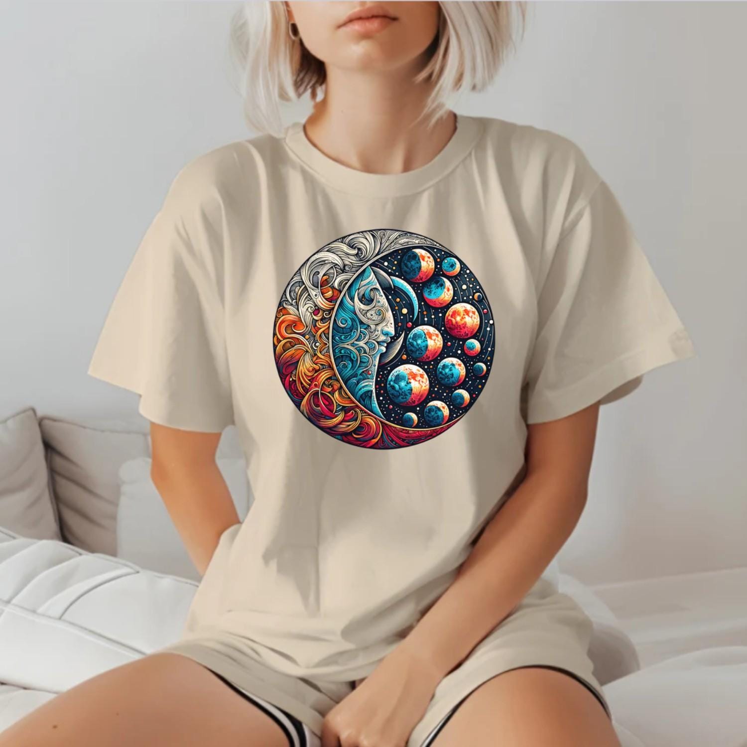"Vibrant Cosmic Flow T-Shirt featuring an intricate graphic of strength and serenity, perfect for workouts and casual outings."