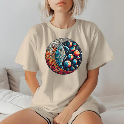 "Vibrant Cosmic Flow T-Shirt featuring an intricate graphic of strength and serenity, perfect for workouts and casual outings."