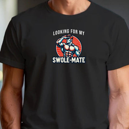 Alt text: "Swole-Mate T-shirt design featuring bold lettering and a fit silhouette, perfect for gym workouts and casual outings. Show your dedication to fitness and join the community of fitness enthusiasts."