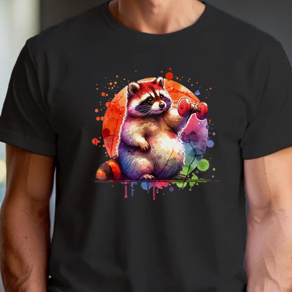 "Whimsical raccoon lifting weights on a vibrant gym T-shirt, perfect for fitness lovers and animal enthusiasts. Stylish workout attire."