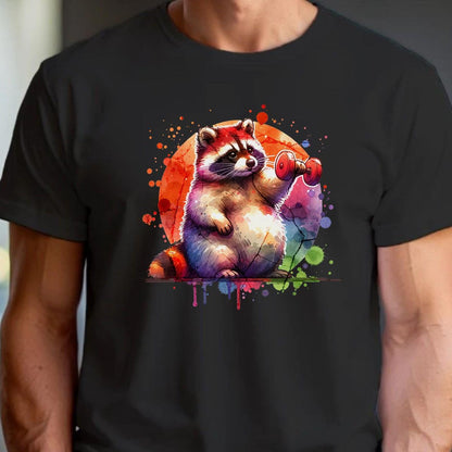 "Whimsical raccoon lifting weights on a vibrant gym T-shirt, perfect for fitness lovers and animal enthusiasts. Stylish workout attire."