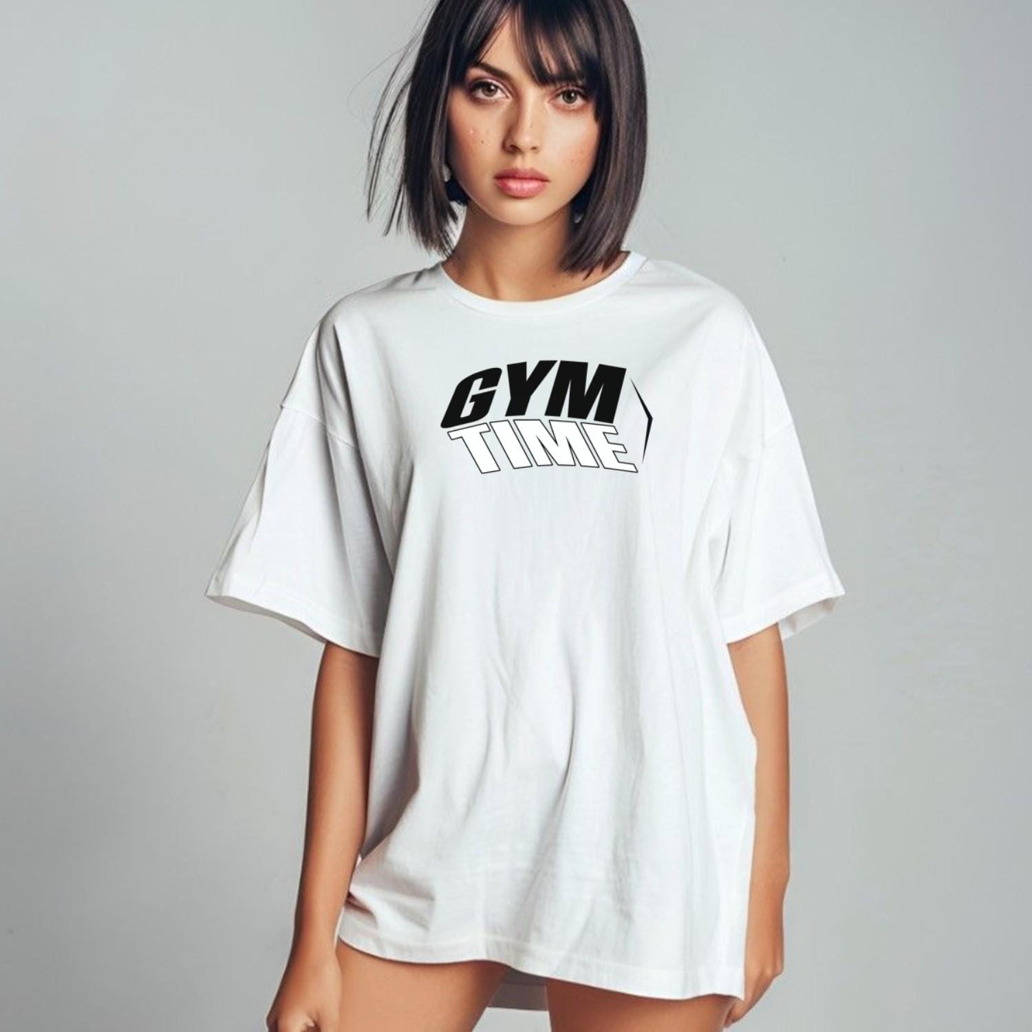 "Bold graphic gym T-Shirt featuring 'TIME' slogan, perfect for workouts and casual wear. Stylish and motivational athletic wear."