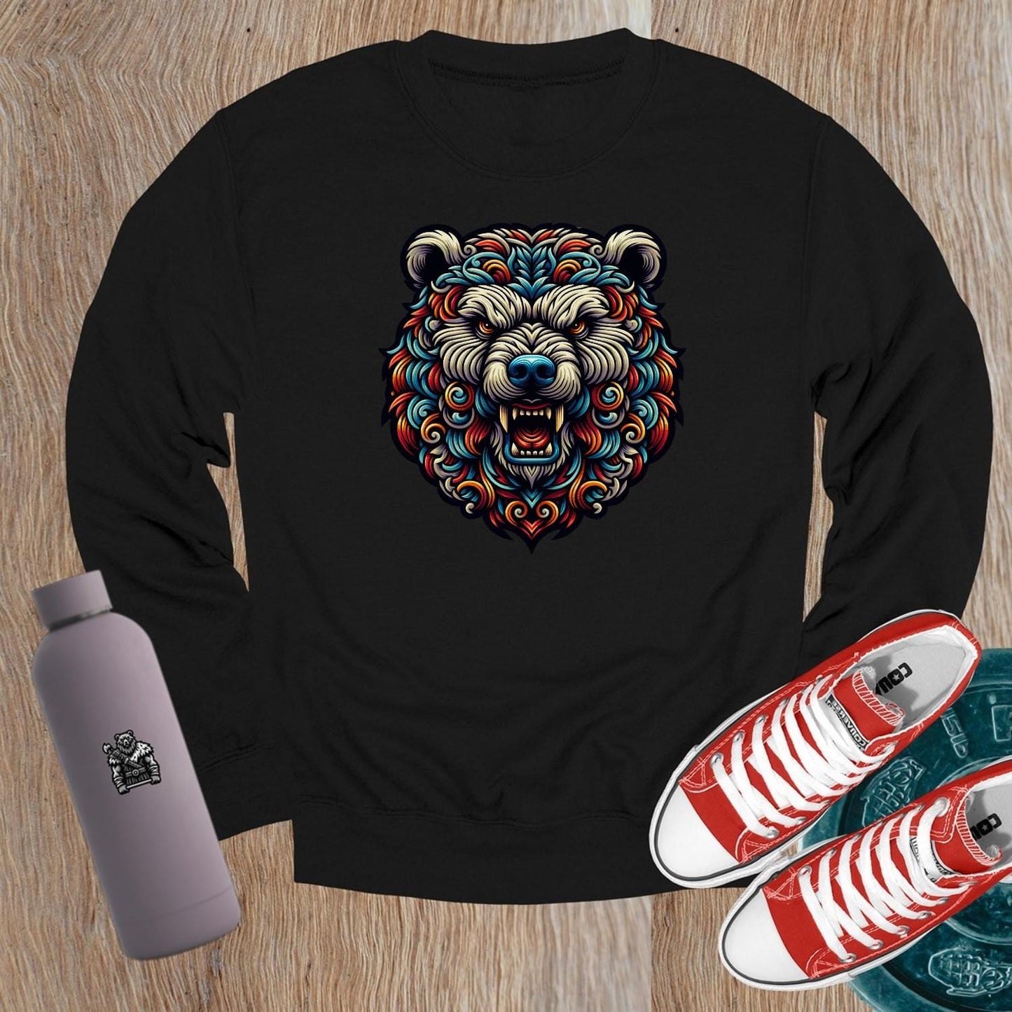 "Vibrant gym crewneck sweatshirt with striking bear graphic symbolizing power and resilience, perfect for workouts and casual wear."