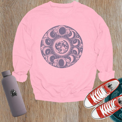 "Moon Phase Sweatshirt showcasing a celestial design with moon phases, perfect for gym workouts and yoga, blending style and comfort."