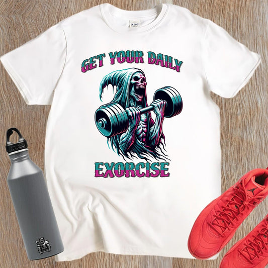 "Muted black T-shirt featuring a striking graphic of a skeleton lifting weights, promoting fitness motivation with a quirky style."