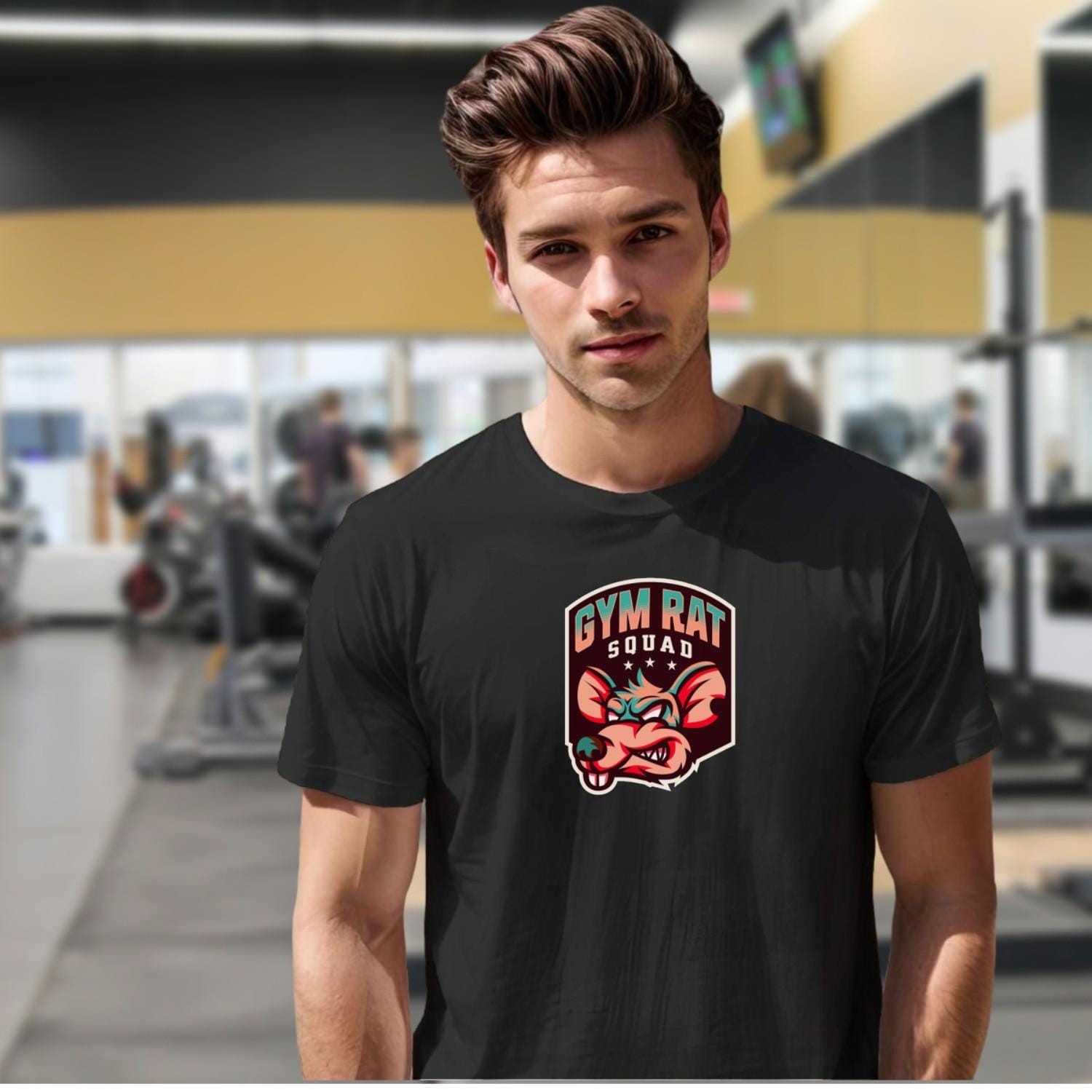 "Bold Gym Rat Squad T-shirt design featuring fierce graphics for fitness enthusiasts, perfect for weightlifting and cardio workouts."