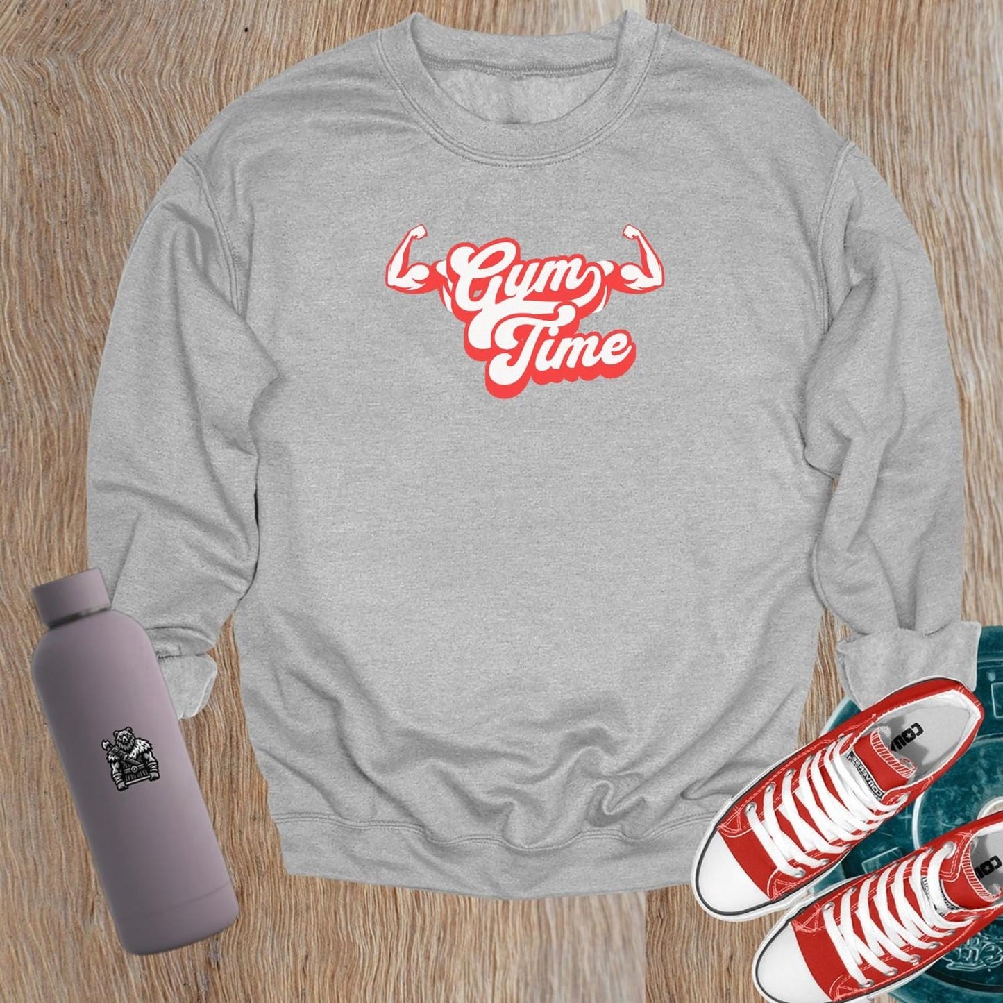"Vibrant 'Gym Time' crewneck sweatshirt showcasing a bold fitness design, perfect for workouts or relaxation, blending style with motivation."