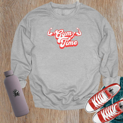 "Vibrant 'Gym Time' crewneck sweatshirt showcasing a bold fitness design, perfect for workouts or relaxation, blending style with motivation."