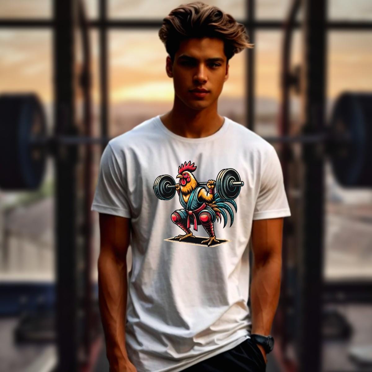 "Vibrant Lift Like a Rooster T-Shirt featuring a fearless chicken lifting weights, perfect for workouts and casual outings, embodying strength and humor."