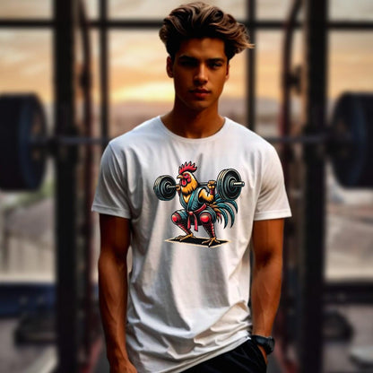 "Vibrant Lift Like a Rooster T-Shirt featuring a fearless chicken lifting weights, perfect for workouts and casual outings, embodying strength and humor."