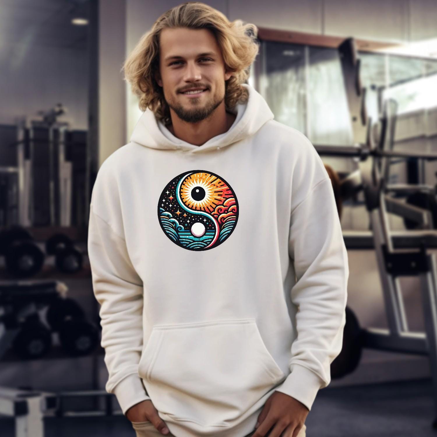 "Vibrant gym hoodie featuring a dynamic yin-yang design, symbolizing balance and harmony, perfect for active workouts and casual style."