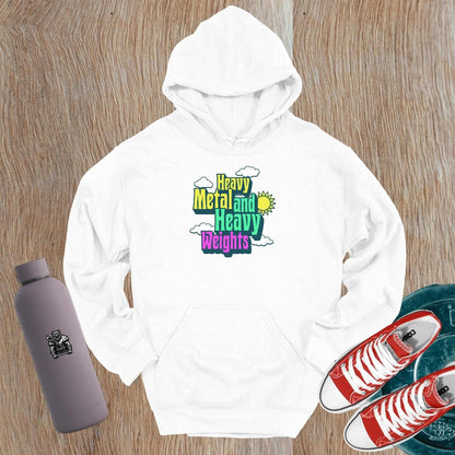 "Vibrant gym hoodie featuring bold 'Heavy Metal and Heavy Weights' graphics, perfect for fitness enthusiasts who lift heavy."