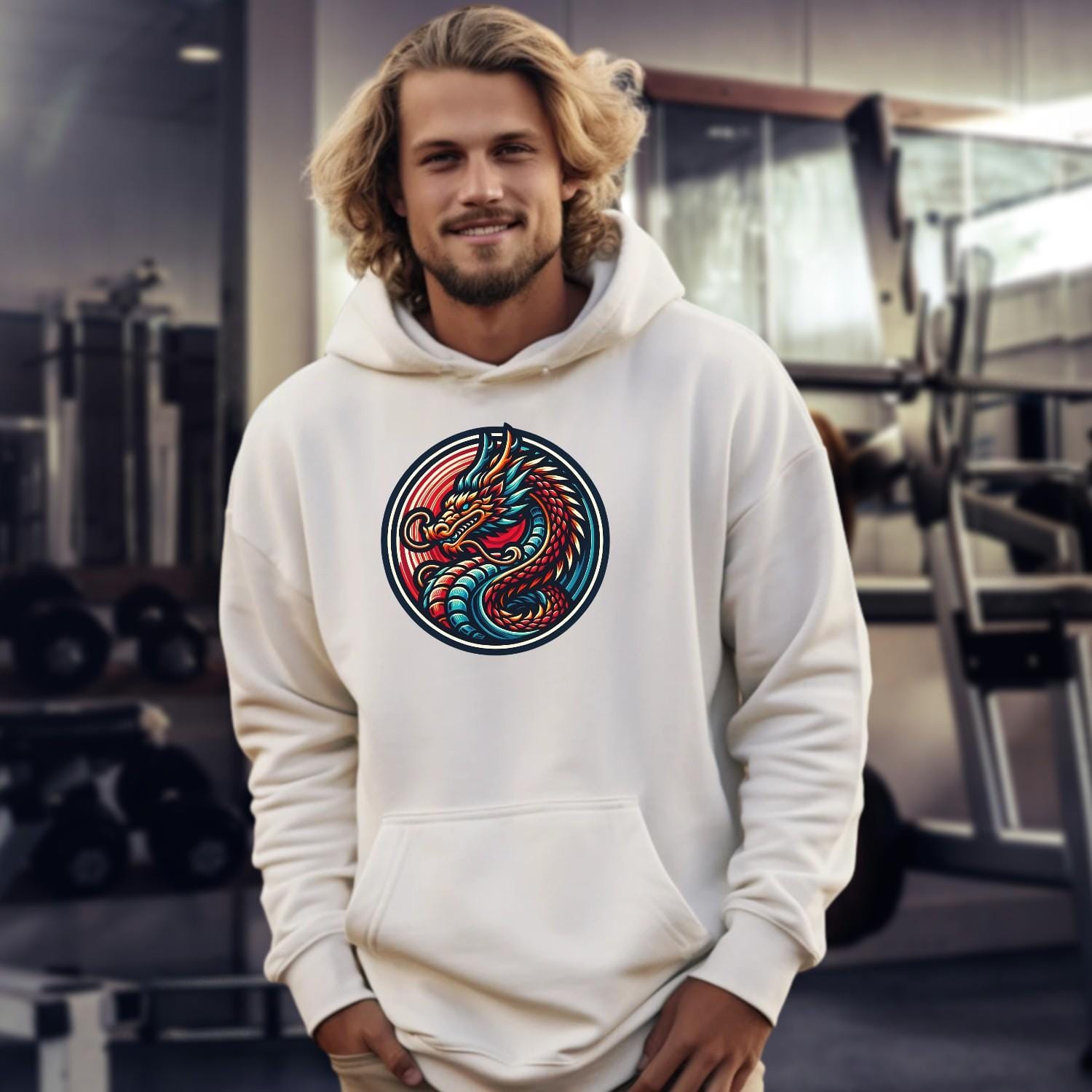 Alt text: "Vibrant Dragon Emblem Hoodie featuring a fierce dragon graphic, perfect for gym workouts or casual outings, showcasing strength and style."