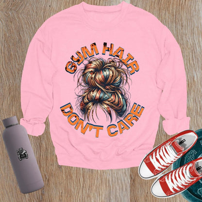 Alt text: "Bold 'Gym Hair Don't Care' sweatshirt design featuring a stylish crewneck, ideal for workouts or casual wear, celebrating gym culture."