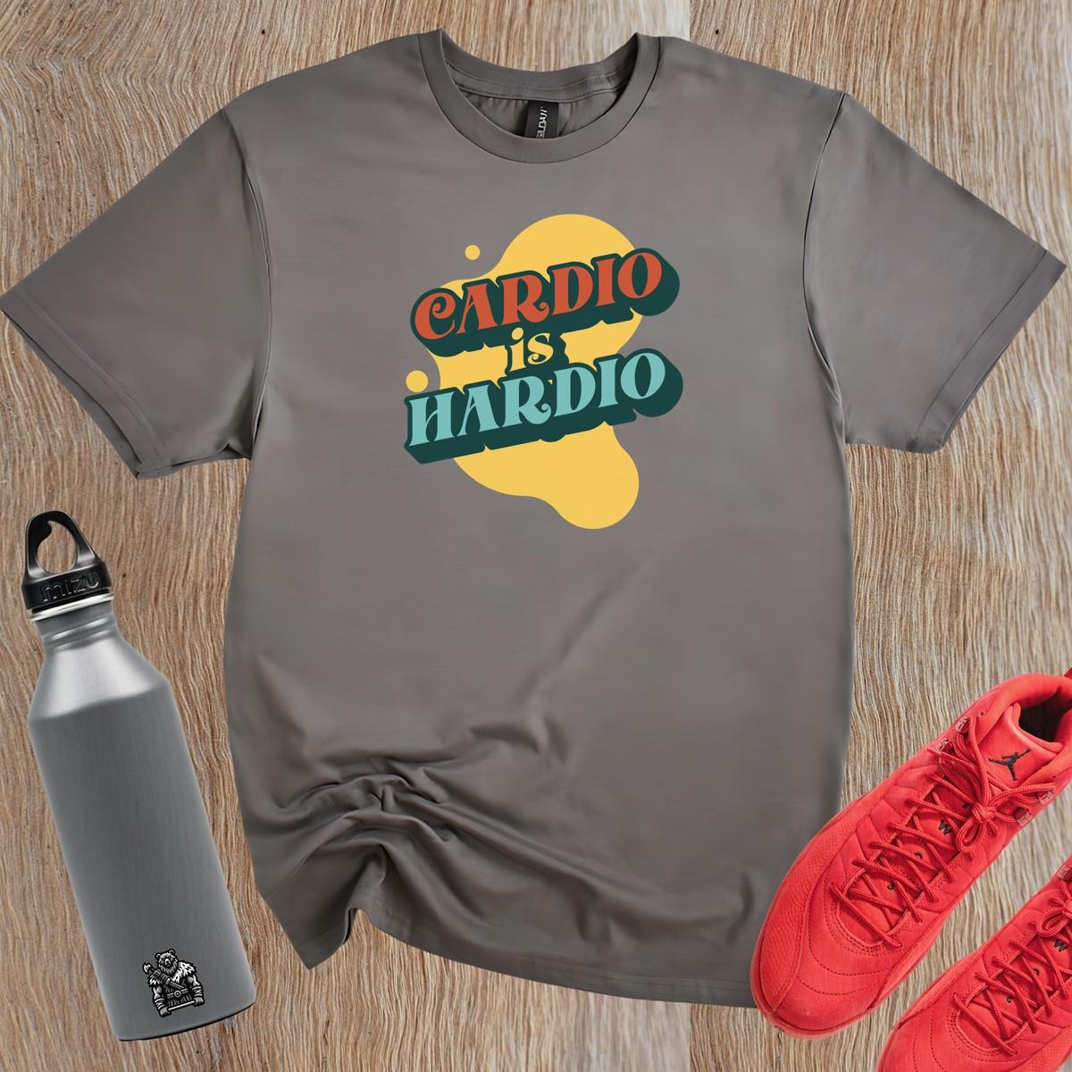 Alt text: "Energetic fitness T-shirt featuring bold 'Cardio is Hardio' slogan, perfect for gym enthusiasts, motivating workouts and casual wear."