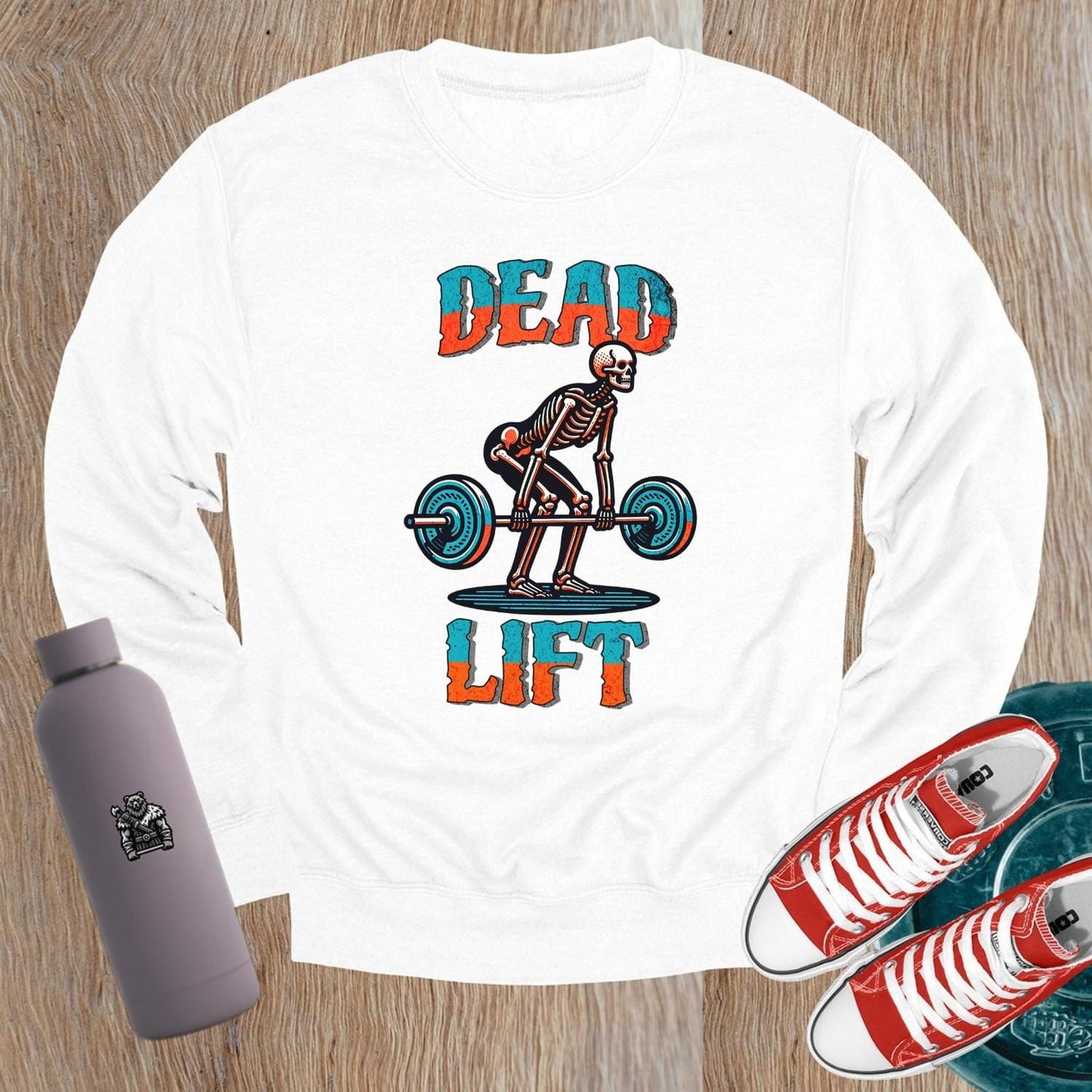 "Dead Lift sweatshirt featuring a bold skeleton graphic, perfect for gym workouts and casual wear. Stylish fitness apparel for lifting."