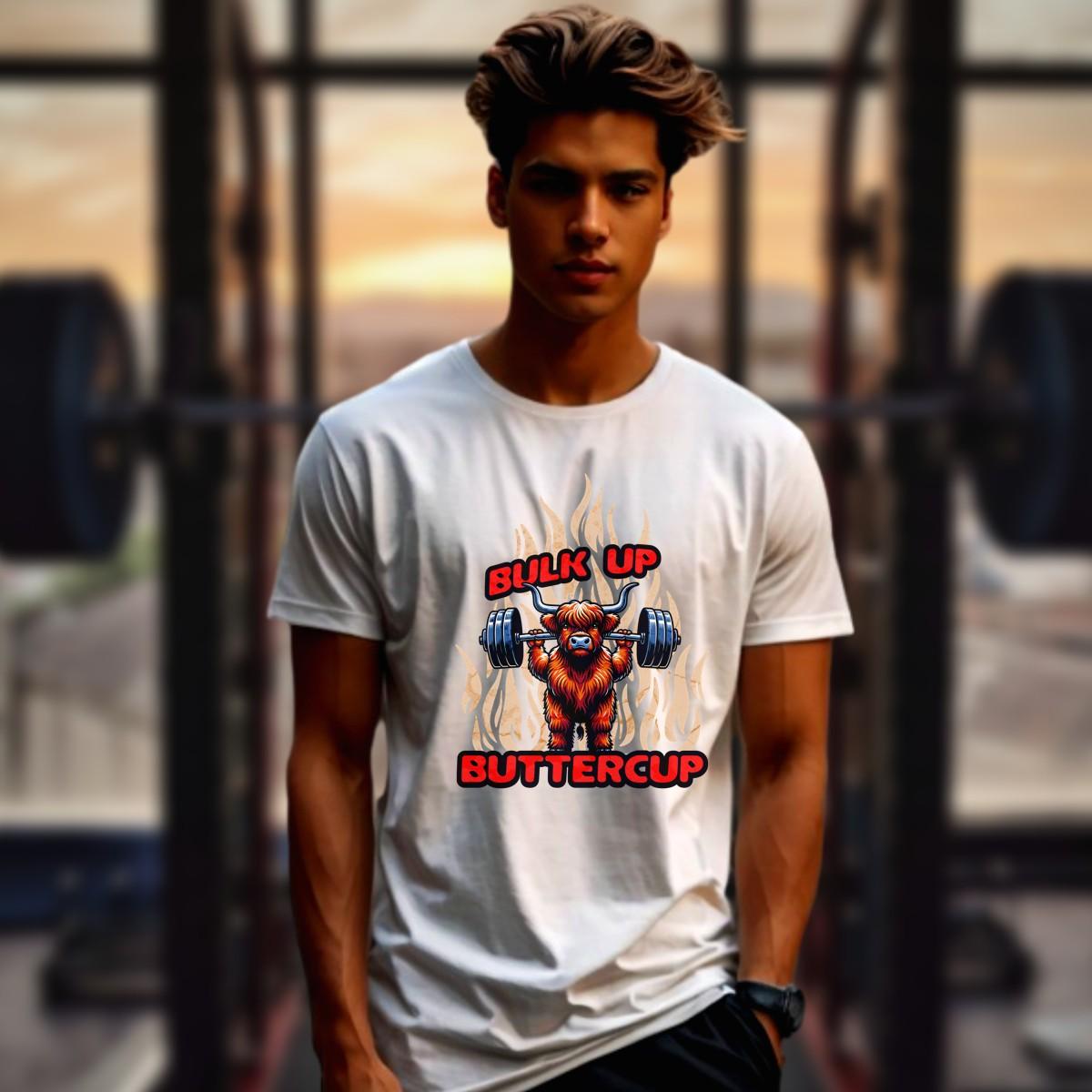 Alt text: "Bulk Up Buttercup T-shirt featuring a fierce weightlifting Highland cow surrounded by vibrant flames, perfect for gym enthusiasts."
