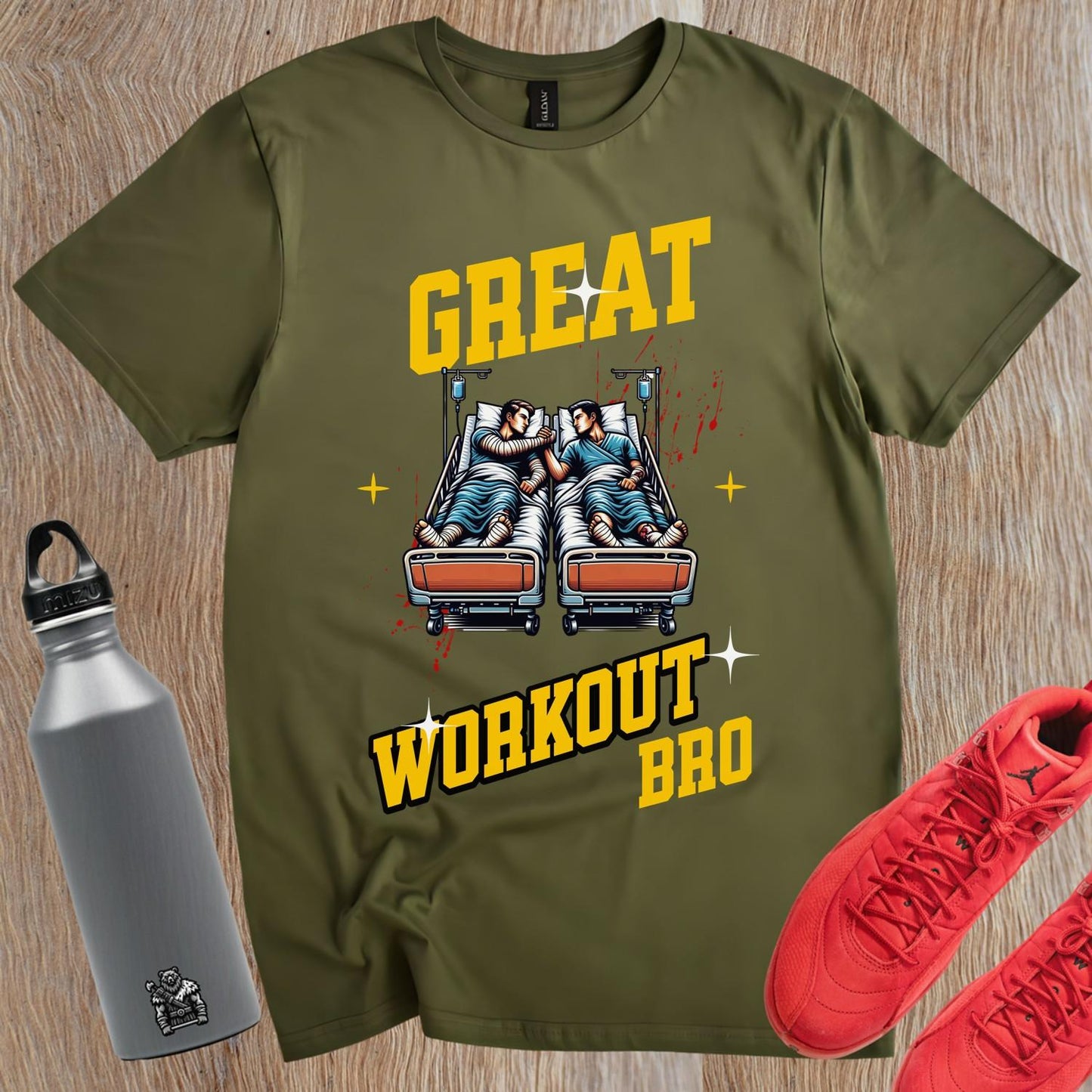 "Bold gym T-shirt featuring the slogan 'Great Workout Bro,' capturing fitness humor and motivation for workouts and training sessions."