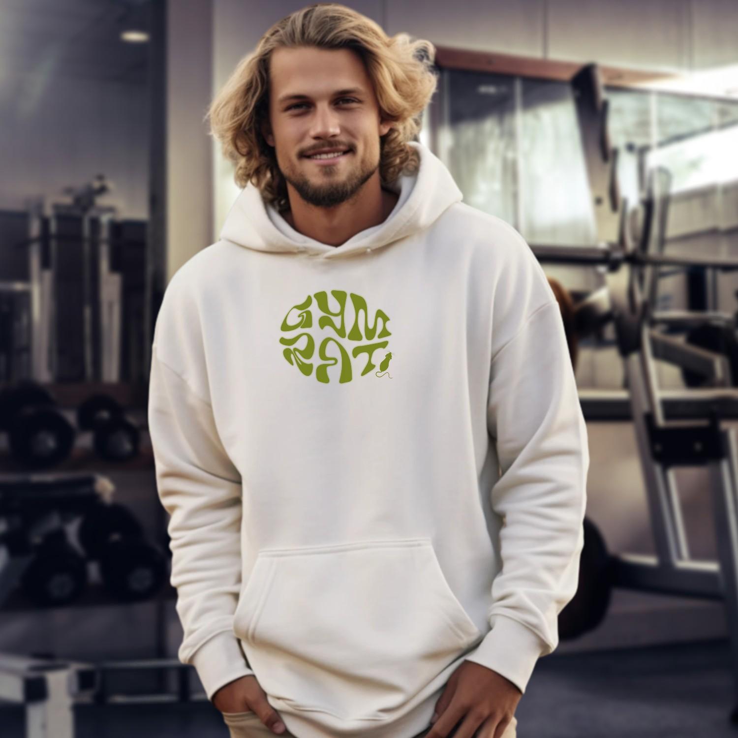 "Bold 'Gym Rat' graphic hoodie for fitness enthusiasts, showcasing stylish design and relaxed fit for workouts and casual wear."