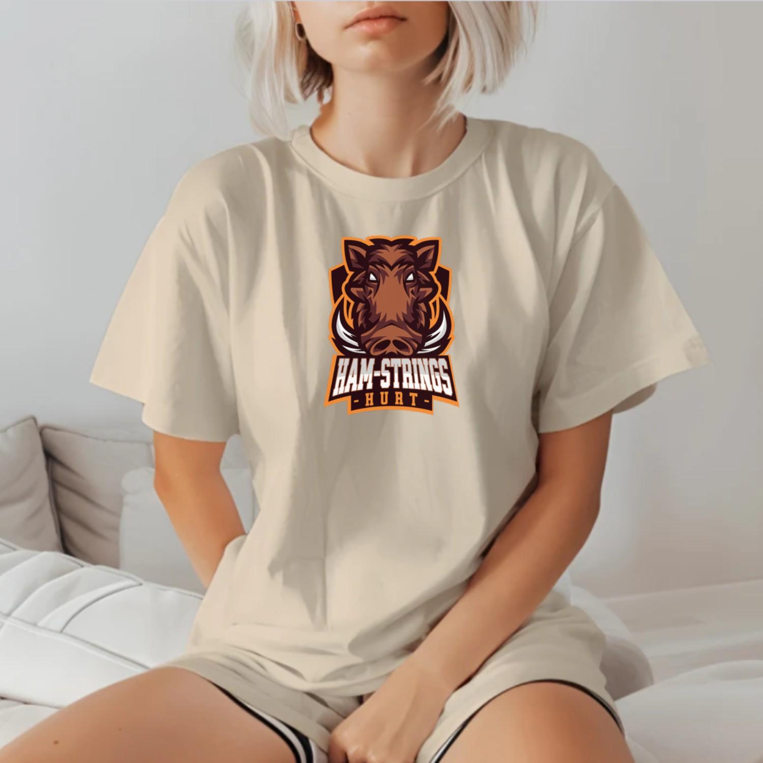 Alt text: "Bold 'Ham-Strings Hurt' gym T-shirt featuring motivating text design for fitness enthusiasts, perfect for intense workout sessions."