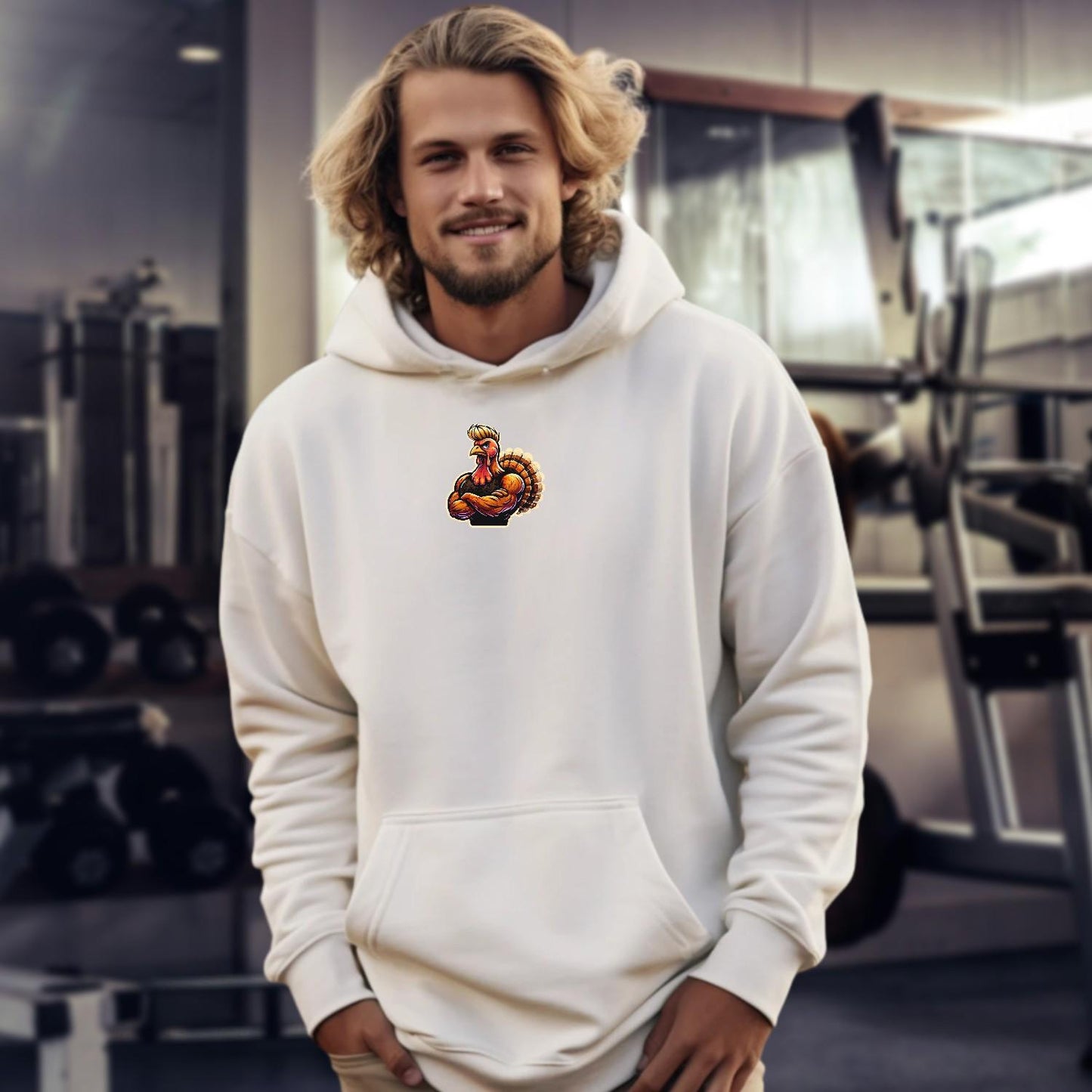 "Bold gym hoodie featuring a fierce, muscle-bound turkey design, perfect for workouts and casual wear, showcasing fitness and competitive spirit."