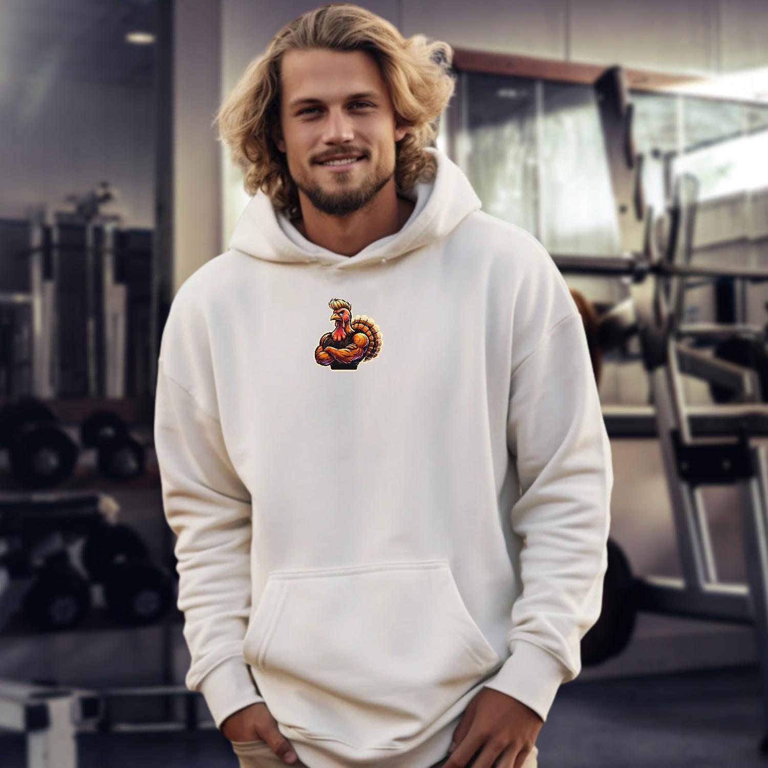 "Bold gym hoodie featuring a fierce, muscle-bound turkey design, perfect for workouts and casual wear, showcasing fitness and competitive spirit."
