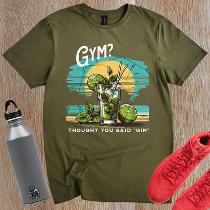"Vibrant gym T-shirt featuring a colorful cocktail design with the playful phrase 'I thought you said “gin”!' Ideal for fitness lovers."