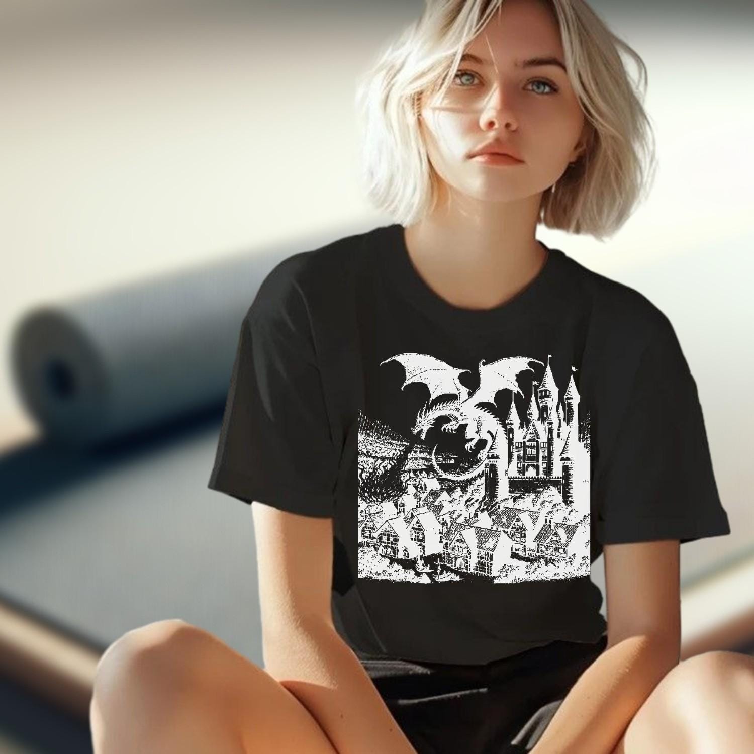 "Fierce dragon soaring over a mystical castle on a bold gym T-shirt, inspiring strength and confidence for workouts and casual outings."