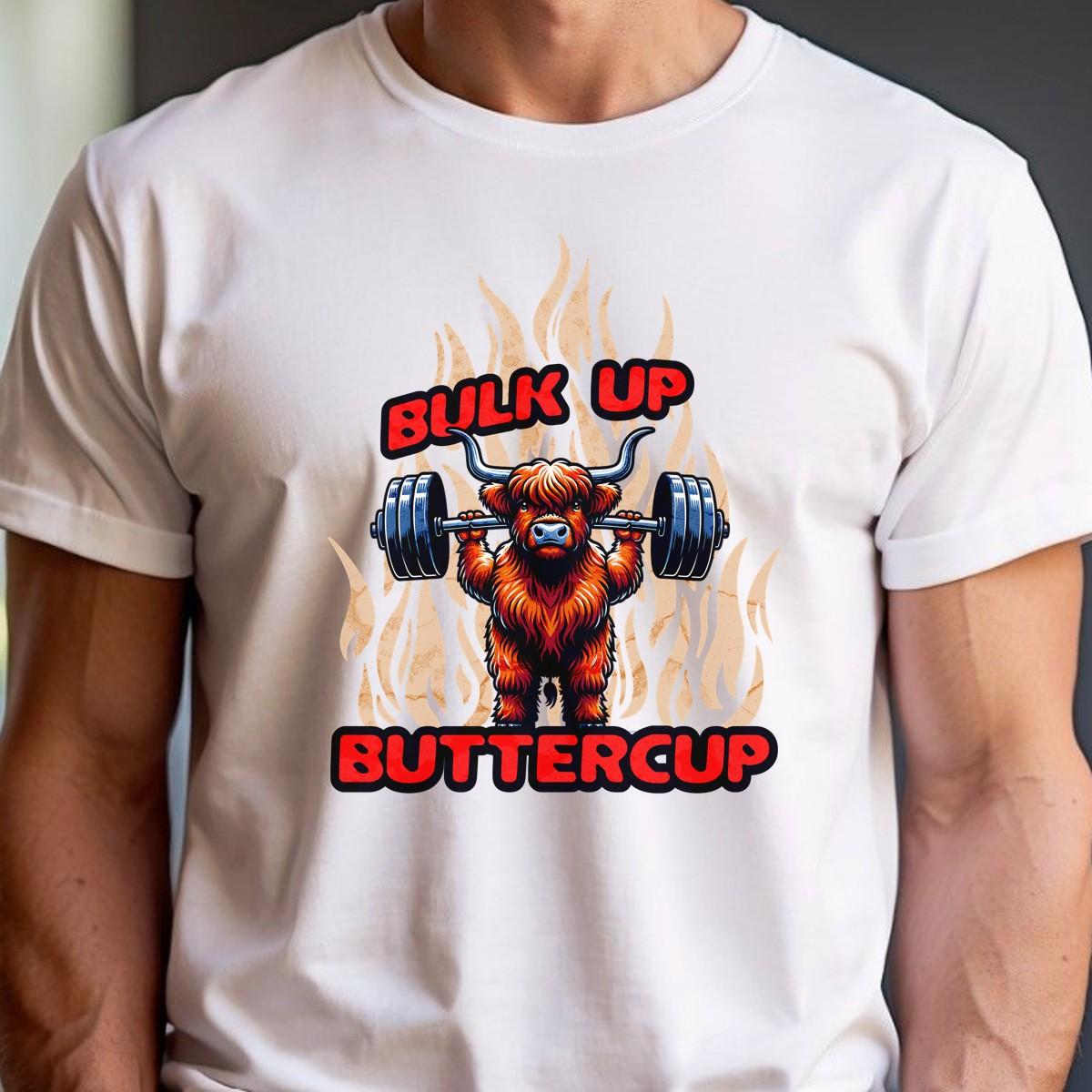 Alt text: "Bulk Up Buttercup T-shirt featuring a fierce weightlifting Highland cow surrounded by vibrant flames, perfect for gym enthusiasts."