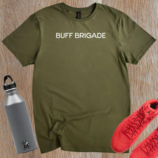 "Buff Brigade T-shirt for fitness enthusiasts featuring bold design, perfect for workouts, casual wear, and motivating gym culture."