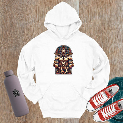 "Graphic gym hoodie featuring a muscular figure and fierce lion design, symbolizing strength, courage, and resilience for workout wear."