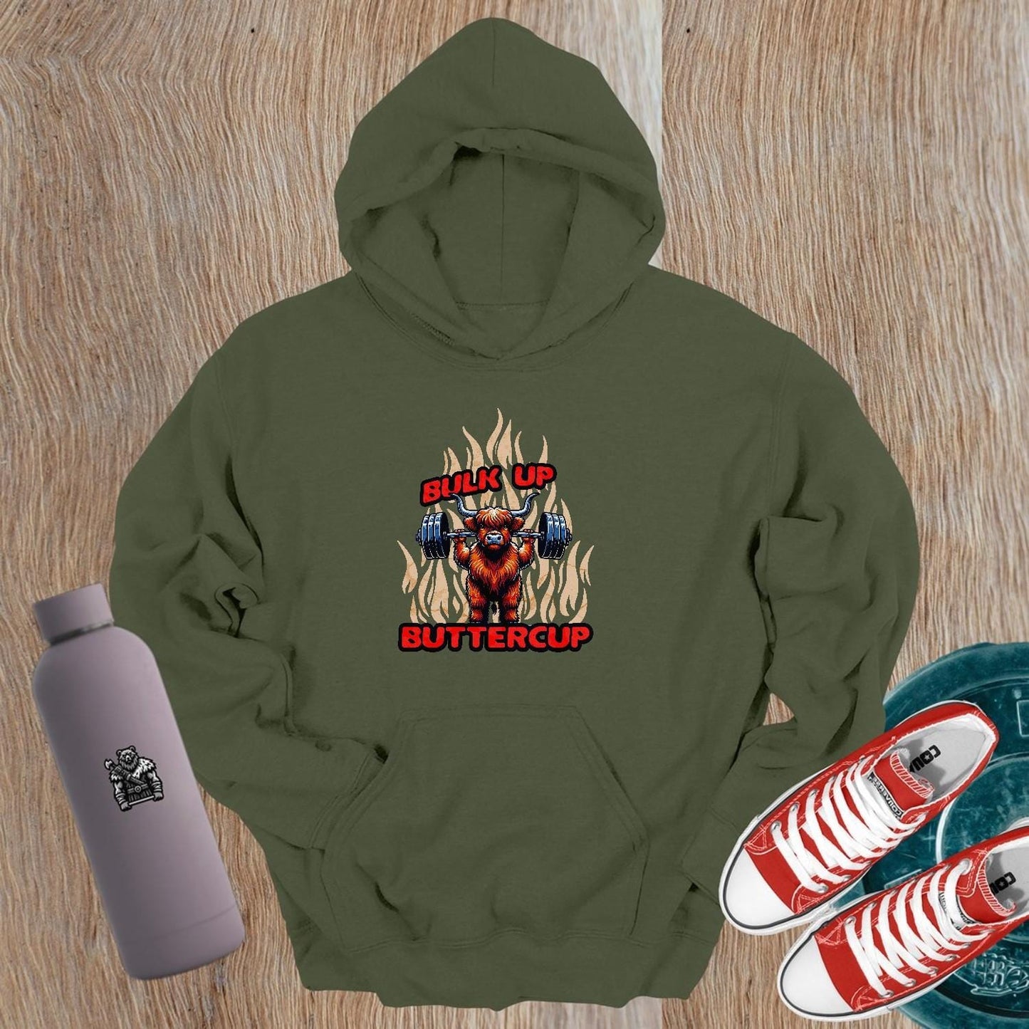 "Bulk Up Buttercup hoodie featuring a bold graphic design showcasing strength and fitness motivation, perfect for gym enthusiasts."