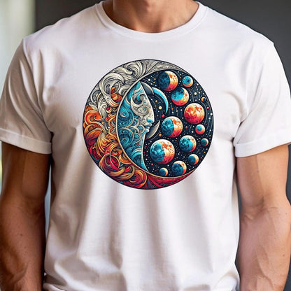 "Vibrant Cosmic Flow T-Shirt featuring an intricate graphic of strength and serenity, perfect for workouts and casual outings."