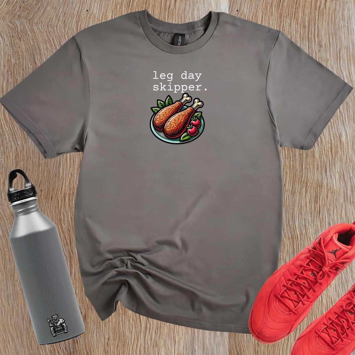 "Playful ‘Leg Day Skipper’ T-shirt featuring a humorous design, perfect for gym lovers who value style, comfort, and a fun workout attitude."