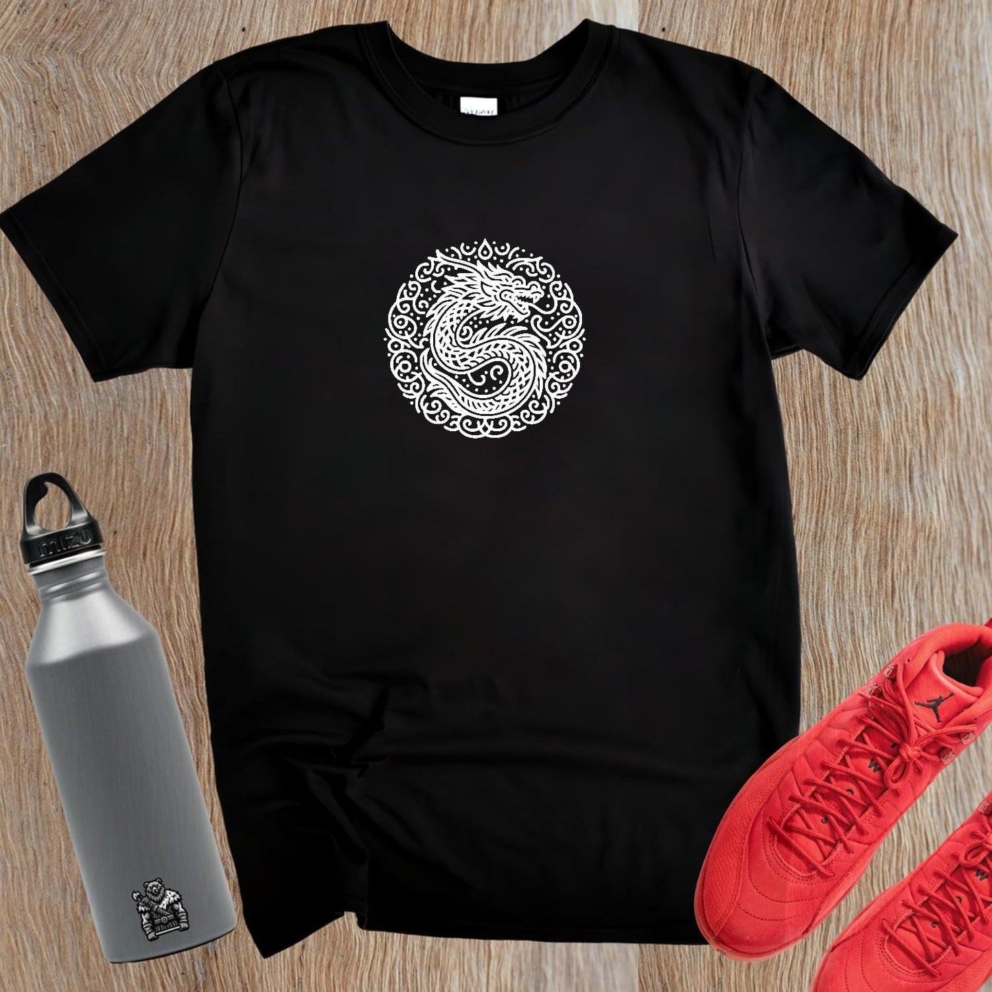 Bold dragon graphic T-shirt for gym enthusiasts, symbolizing strength and resilience. Perfect fit for workouts, showcasing community spirit.