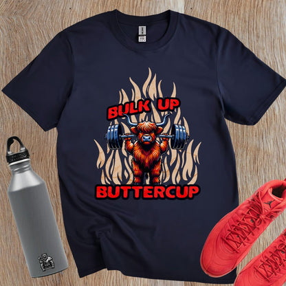 "Bulk Up Buttercup T-shirt featuring a playful lifted Highland cow design, perfect for motivational gym workouts and casual lifting."