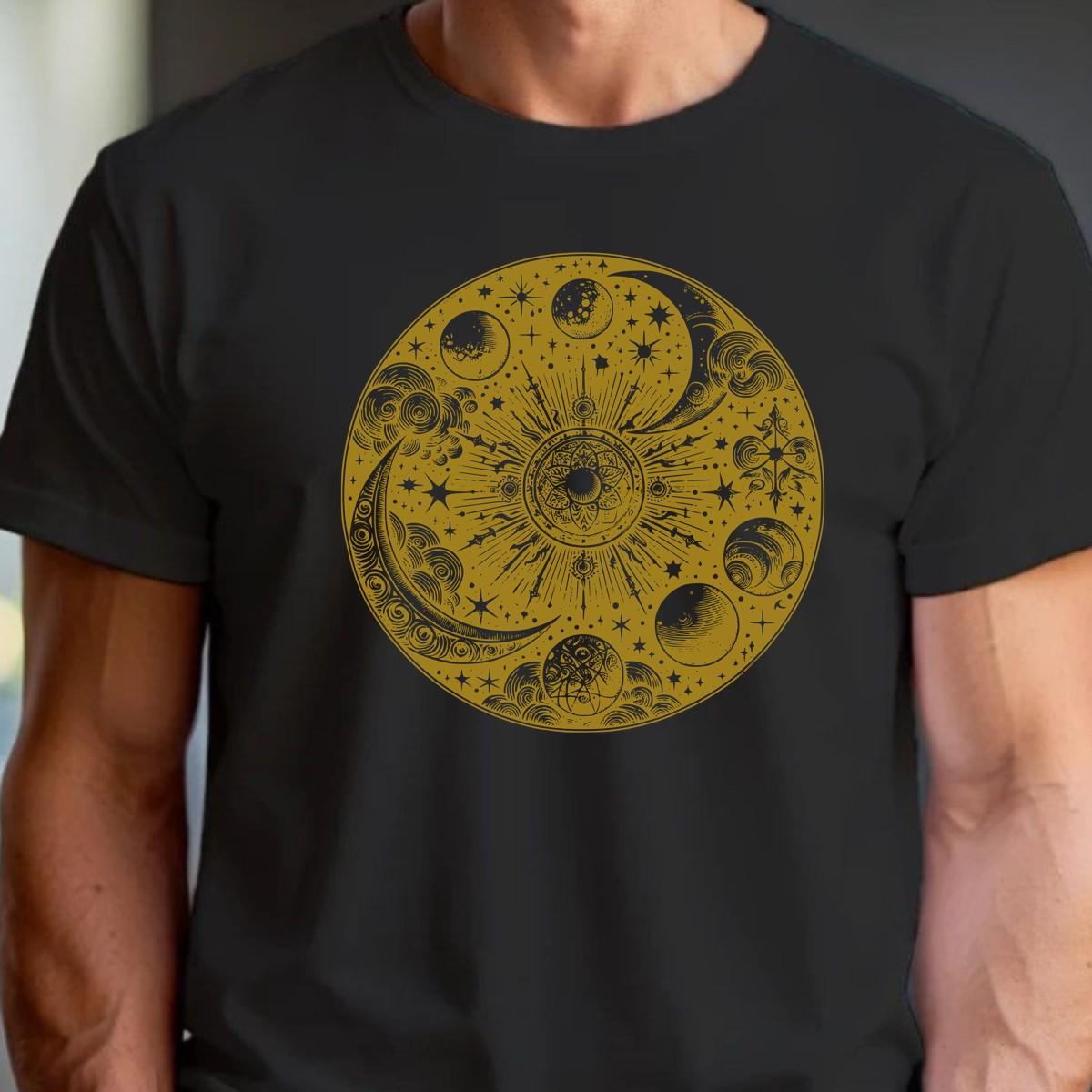 "Celestial-themed gym T-shirt featuring a vibrant graphic of the universe, perfect for fitness enthusiasts seeking cosmic inspiration."