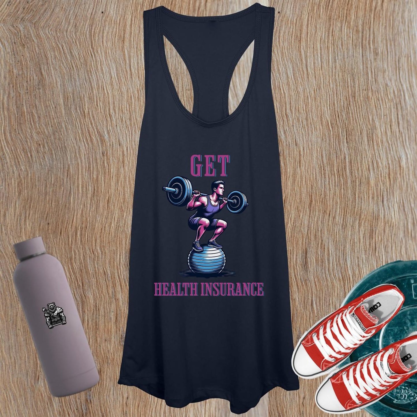 "Stylish women's tank top with 'Get Health Insurance' slogan, featuring an athlete graphic, ideal for workouts, fitness, and motivation."