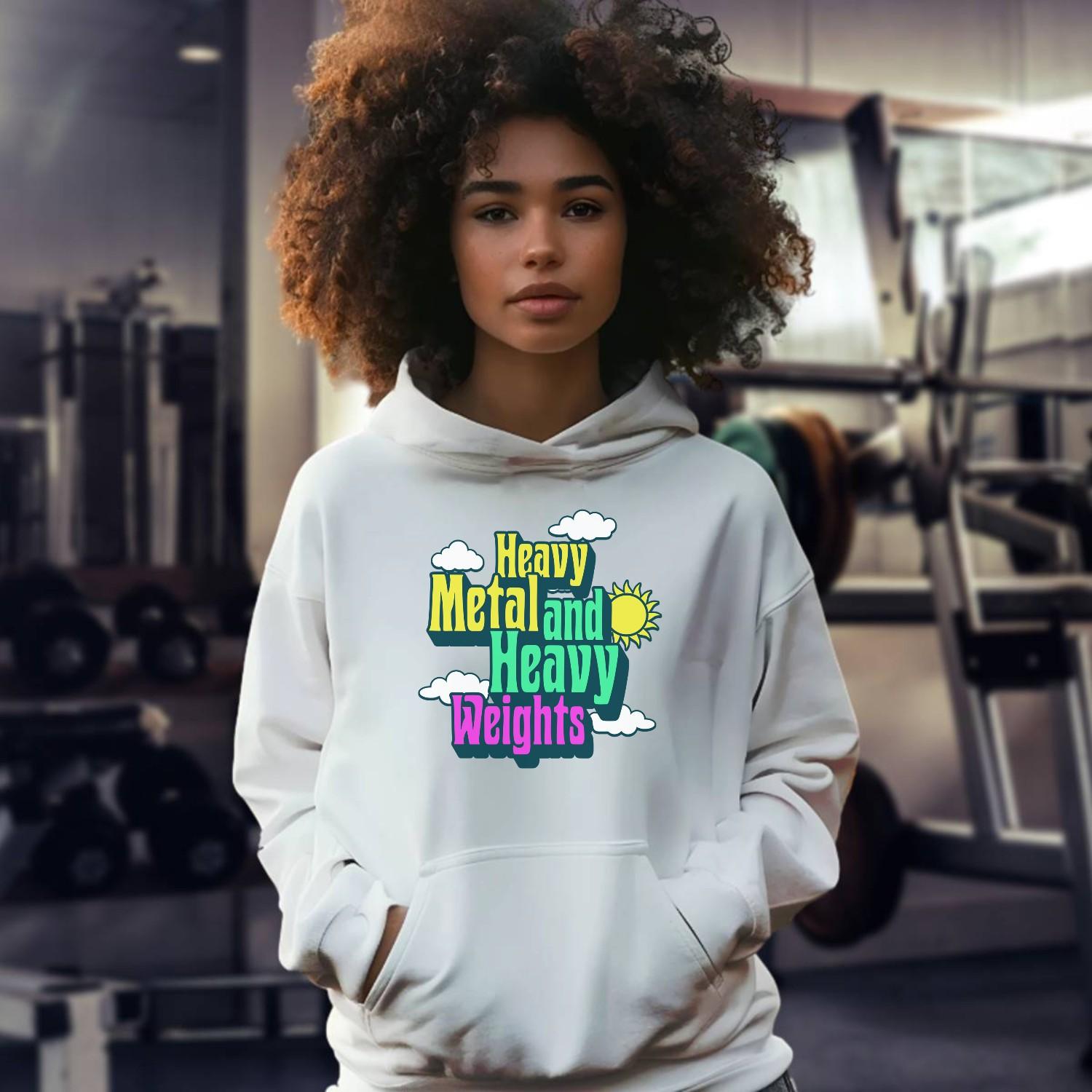 "Vibrant gym hoodie featuring bold 'Heavy Metal and Heavy Weights' graphics, perfect for fitness enthusiasts who lift heavy."