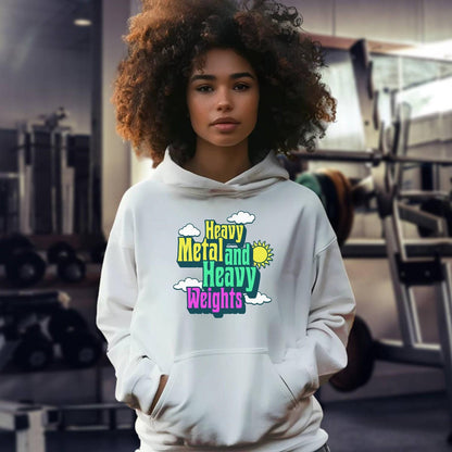 "Vibrant gym hoodie featuring bold 'Heavy Metal and Heavy Weights' graphics, perfect for fitness enthusiasts who lift heavy."