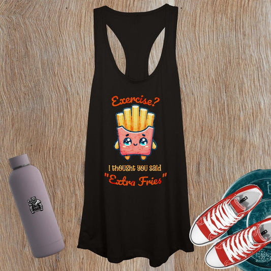"Women’s tank top featuring a playful French fry character, perfect for gym or casual wear. Fun design enhances fitness motivation."