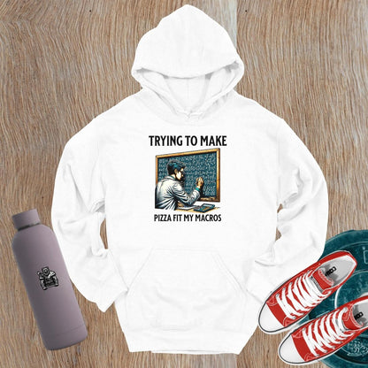 "Graphic hoodie featuring a humorous design of a fitness enthusiast calculating pizza macros, perfect for gym lovers and foodies."