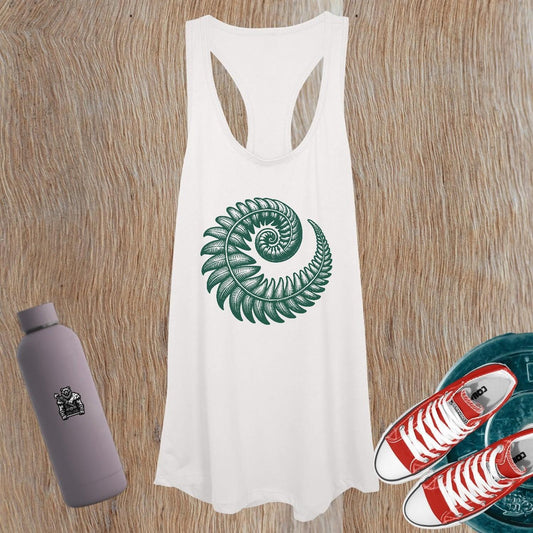 "Stylish women's gym tank top featuring a striking fern design, perfect for workouts and casual wear, offering comfort and athletic flair."