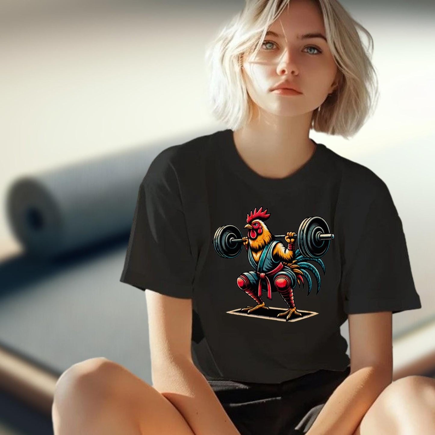 "Colorful gym T-shirt featuring a fierce rooster lifting weights, blending humor and motivation for fitness enthusiasts. 'Squat Like a Chicken' design adds playful flair to workout wear, perfect for workouts or casual outings."