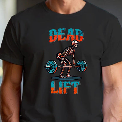 "Black 'Dead Lift' T-shirt featuring a bold skeleton graphic, ideal for fitness enthusiasts, showcasing passion for weightlifting."