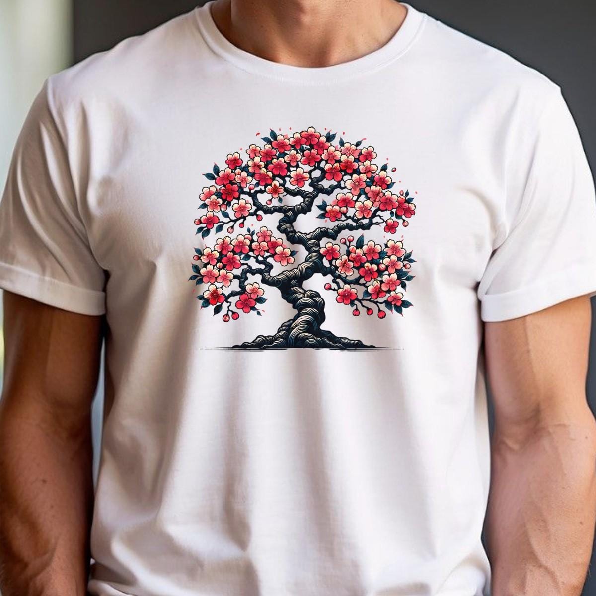 Alt text: "Vibrant cherry blossom tree design on a stylish gym t-shirt, symbolizing strength and resilience for fitness enthusiasts."
