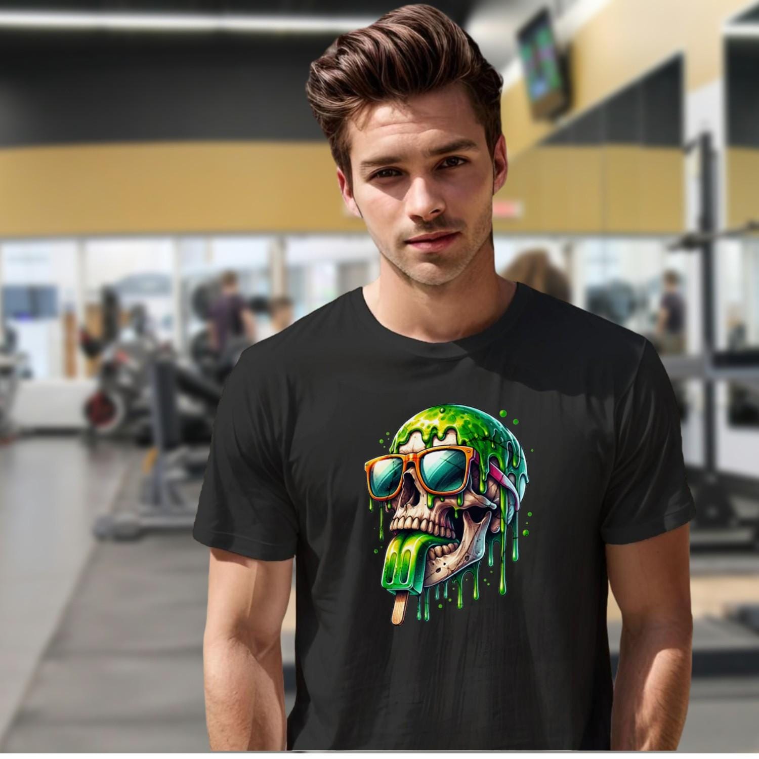 "Fierce skull graphic T-shirt for gym, featuring bold colors and edgy design. Perfect for workouts, casual outings, and self-expression."